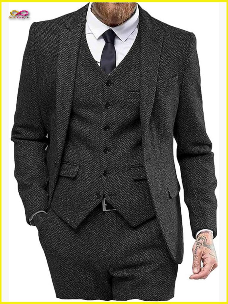 Tweed Herringbone Three Piece Suit Peak Lapel Formal Wedding Prom Tuxedo
